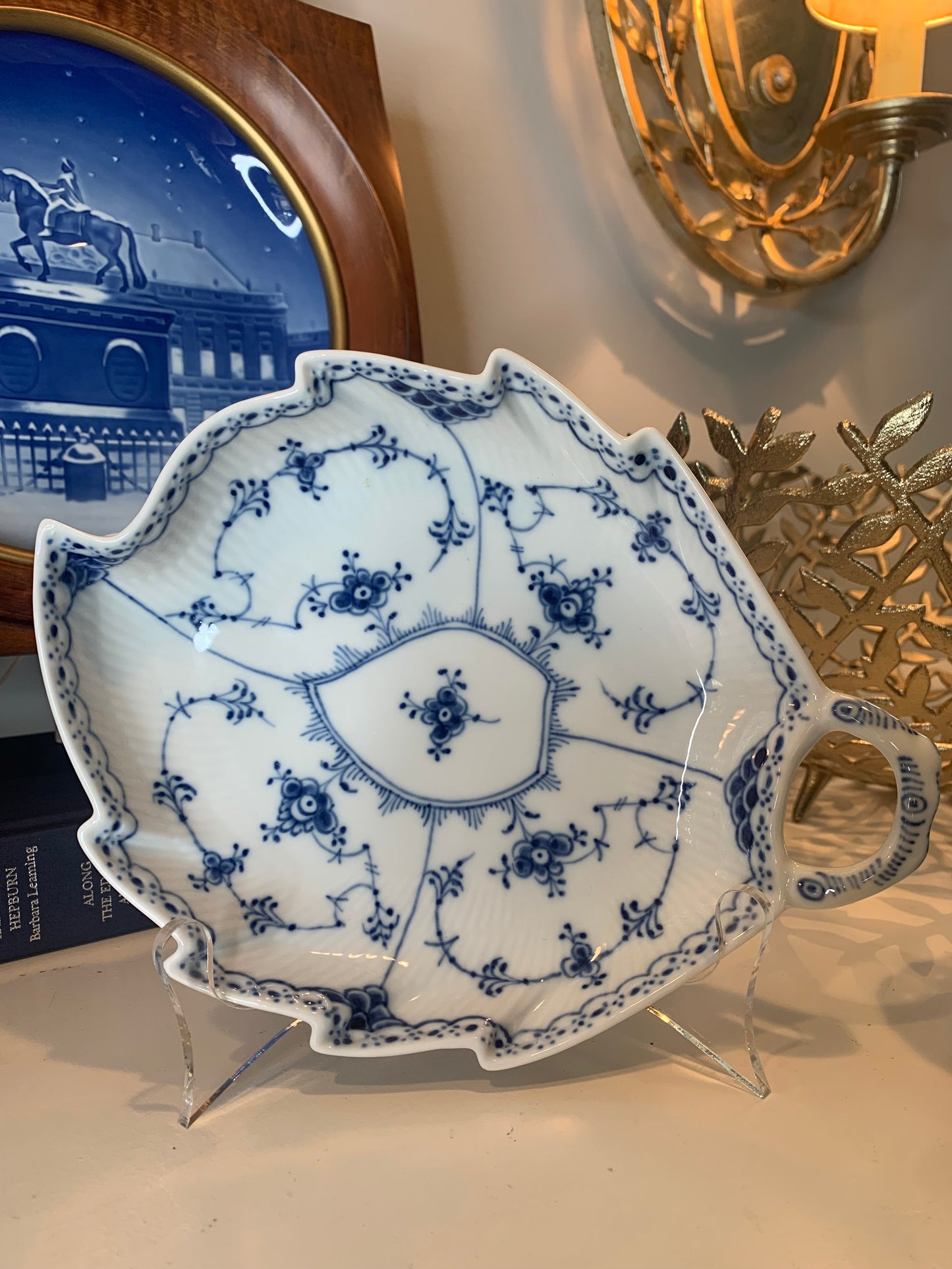 Leaf Shape Pickle Dish Blue Fluted Half Lace Border by Royal Copenhagen