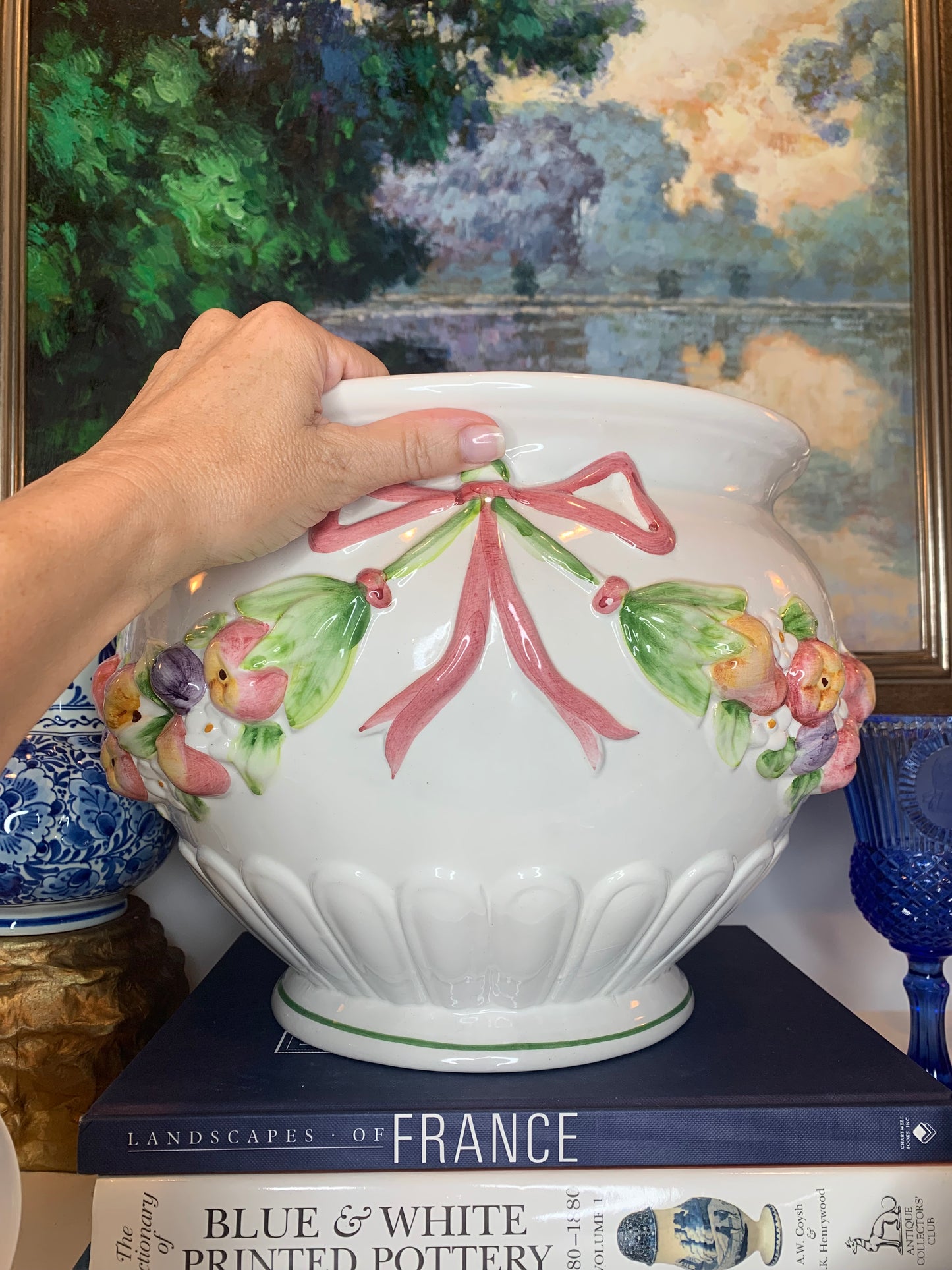 Large White Jardiniere with Bow and Floral Detail