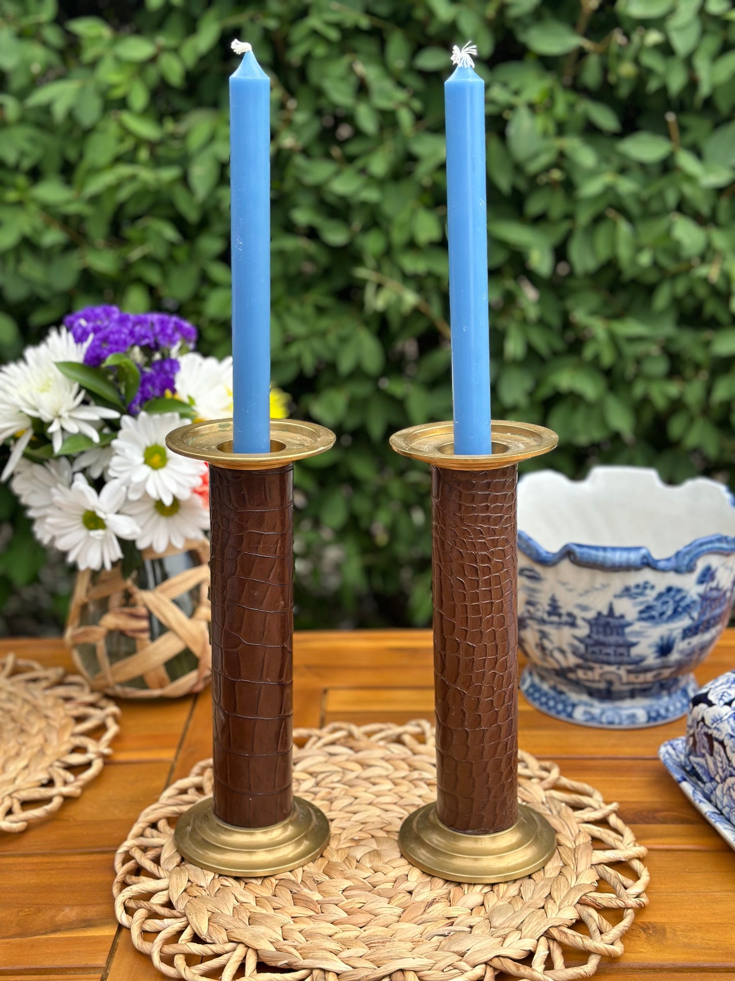 Vintage 10.5" Tall Brass candlesticks, embossed leather wrapped detail