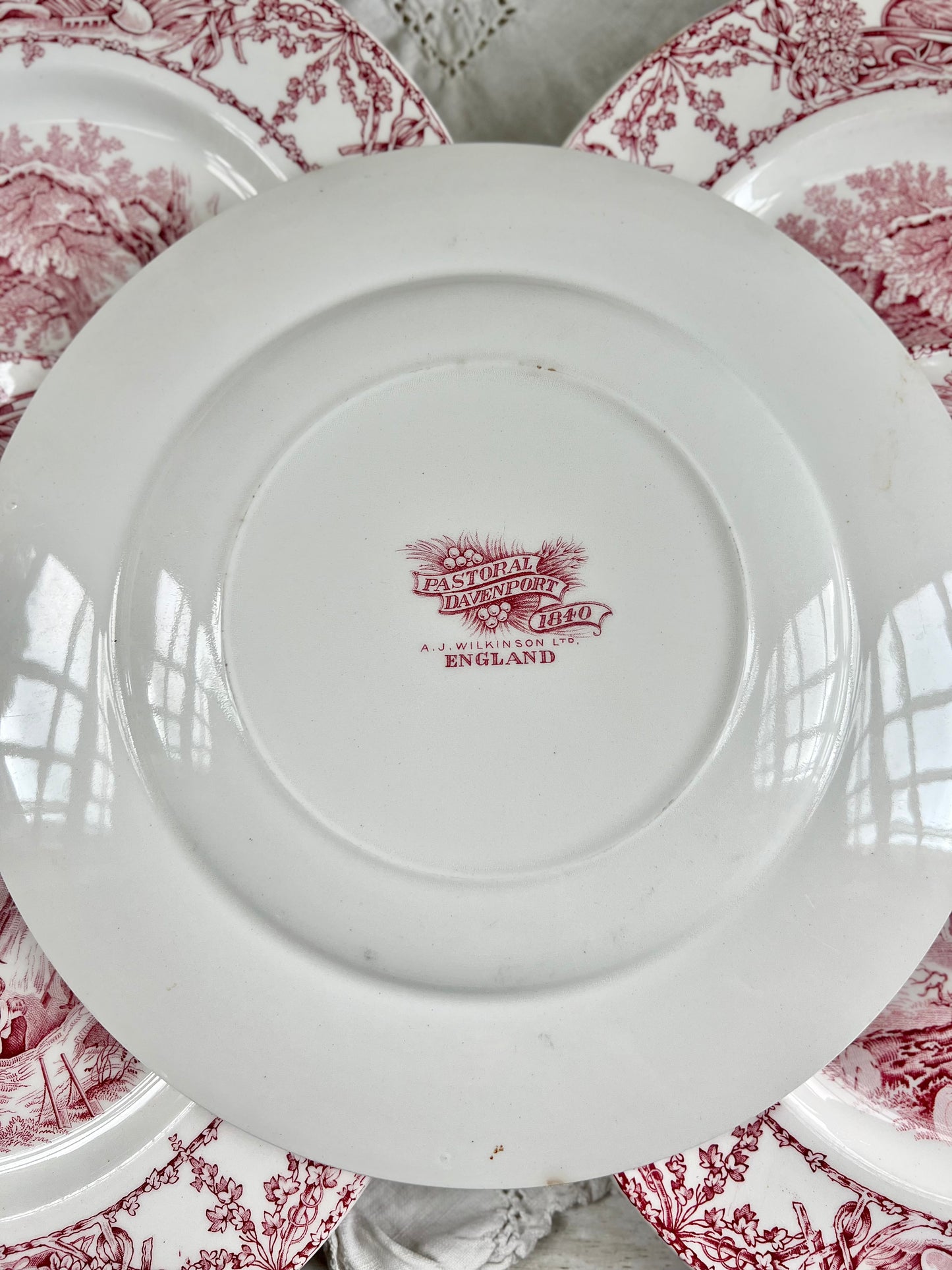 Vintage Set (5) Pastoral Davenport Red / Pink Transferware Dinner Plates