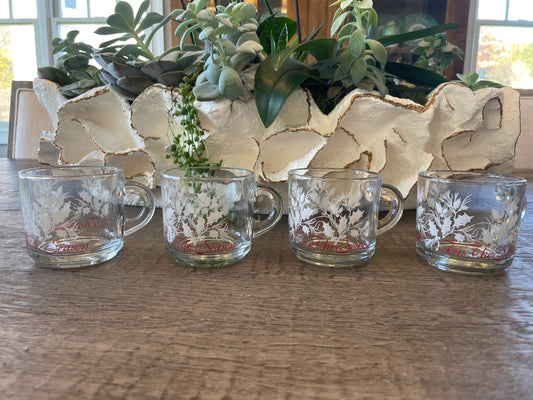 Vintage Set of 6 Glass ‘Tis The Season’ Handled Mugs by Anchor Hocking