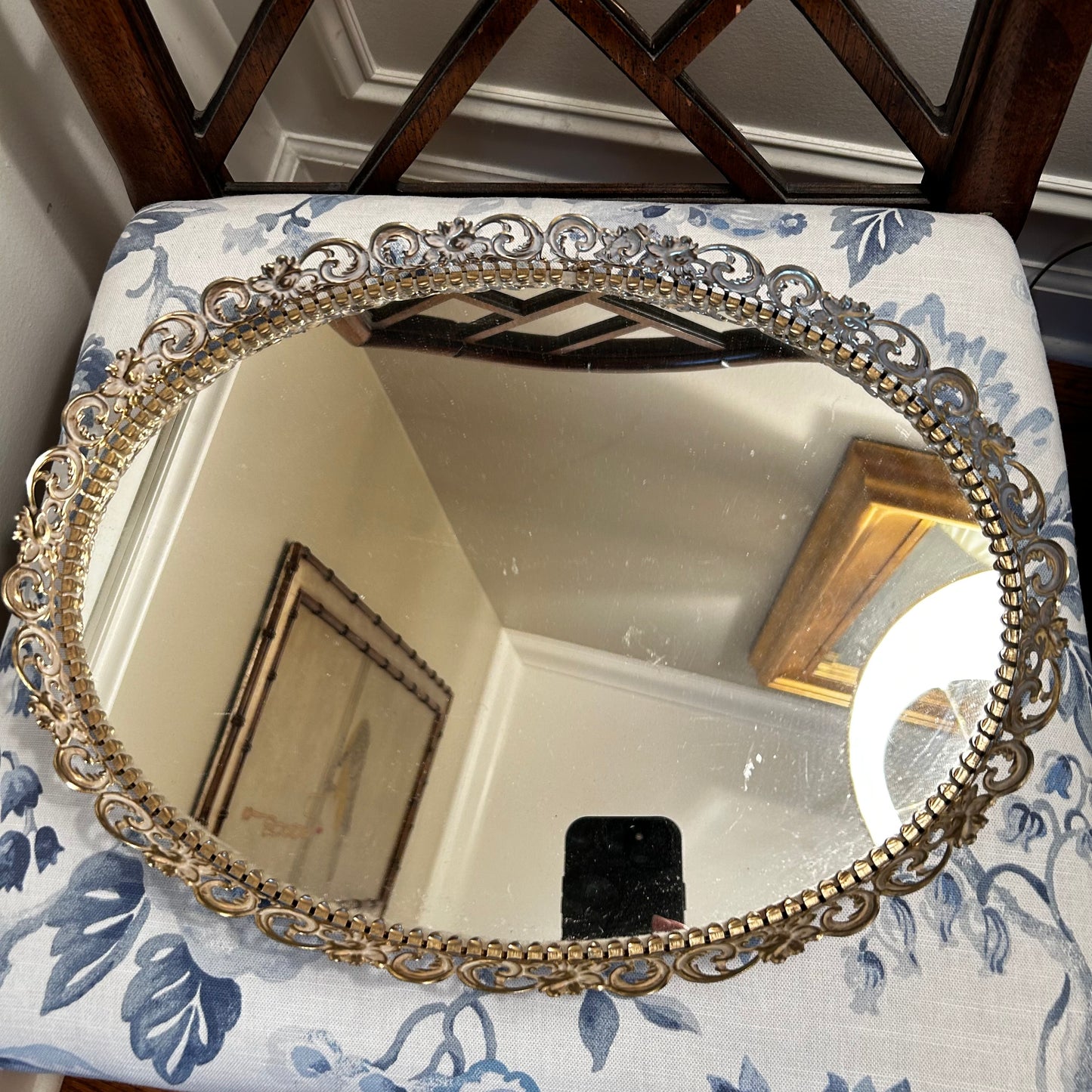 Gorgeous vintage oval brass mirrored tray