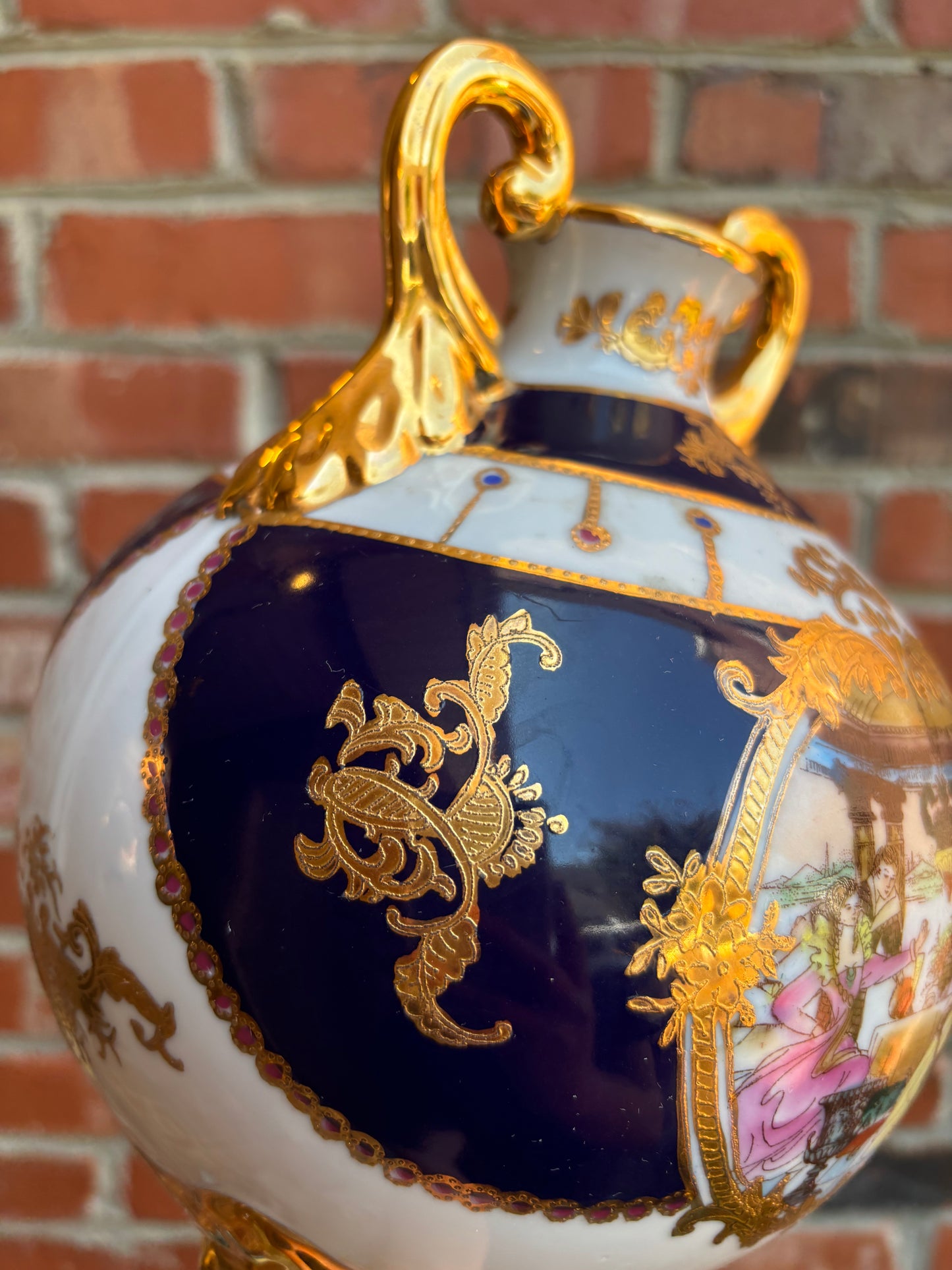 Stunning Limoges handpainted, gilded, and cobalt round vase!