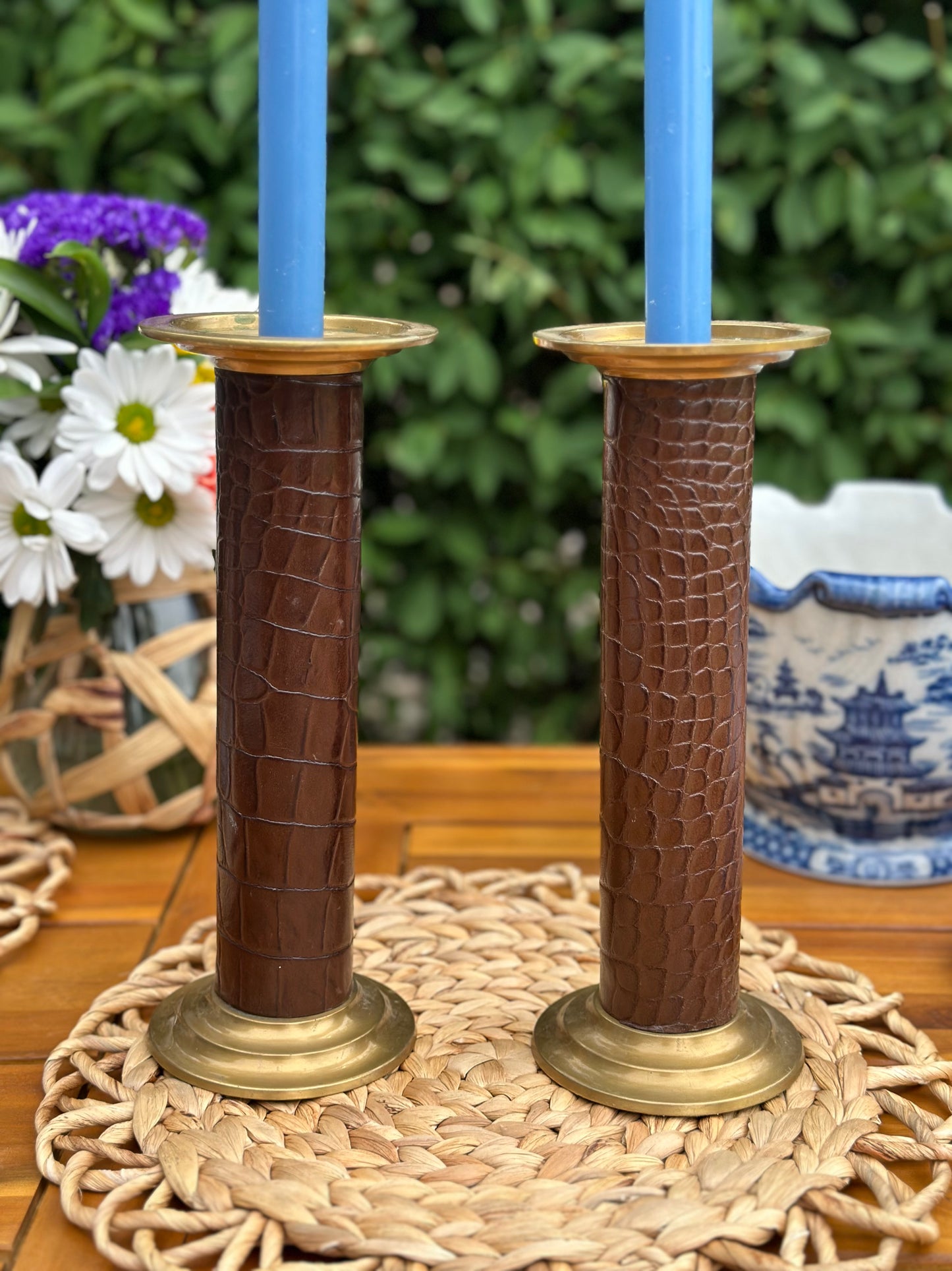 Vintage 10.5" Tall Brass candlesticks, embossed leather wrapped detail