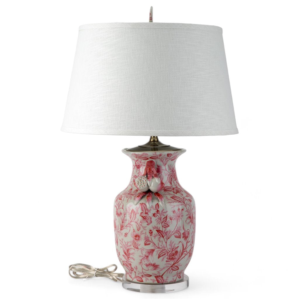 STUNNING - Pink/White Prim Rose, 30” Tall Porcelain Lamp W/ Handles