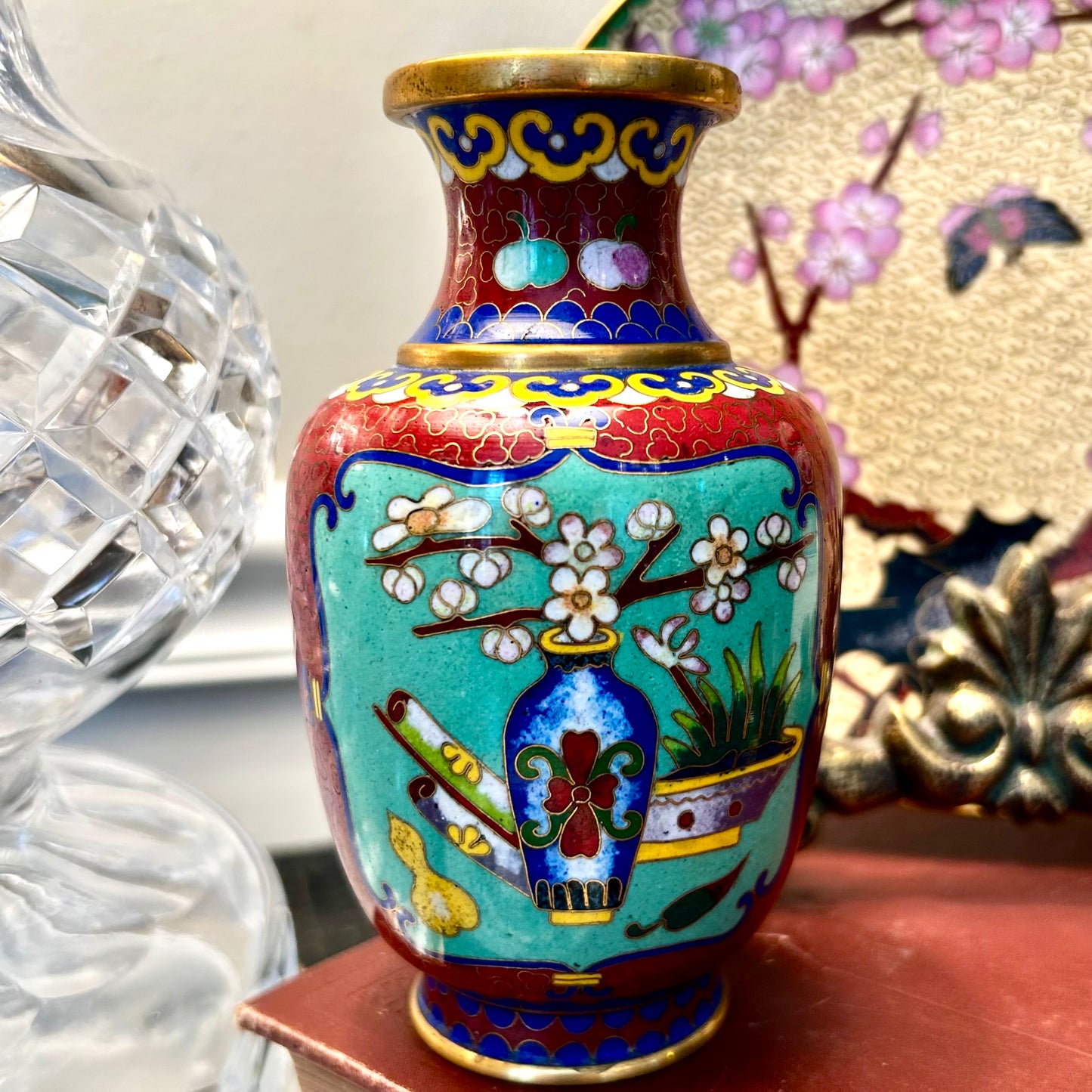 Warm vintage brass & enamel cloisonné etched vase