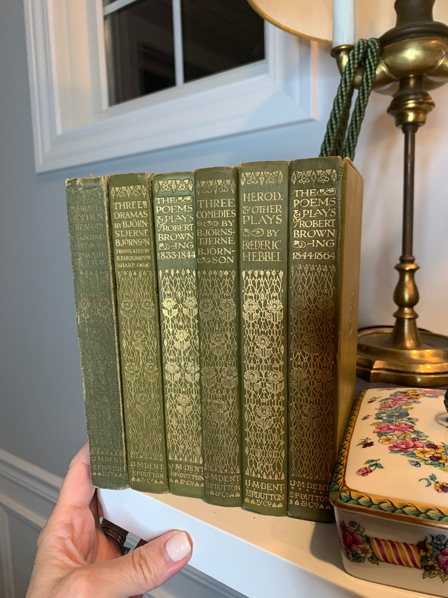 Set of (6) Antique Green hard cover books