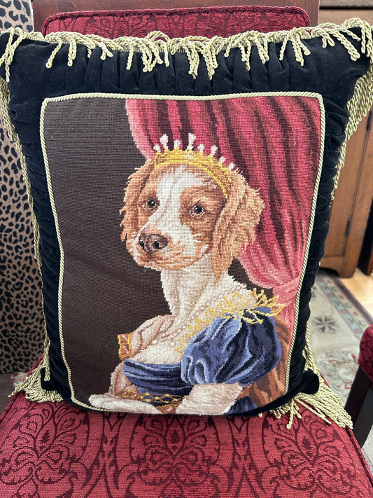 Magnificent Needlepoint Pillow with Princess Dog, 21”