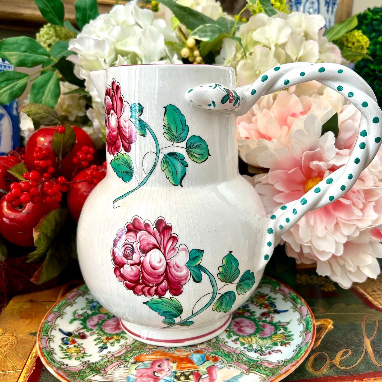 A Rare “TIFFANY Strasbourg Flowers” exclusive for Tiffany & Co pink and white pitcher vase.