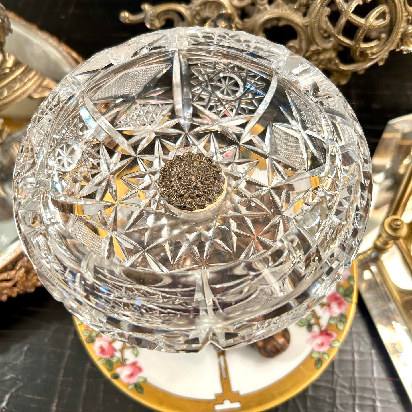 Beautiful bronze and crystal footed older ashtray delightful dish