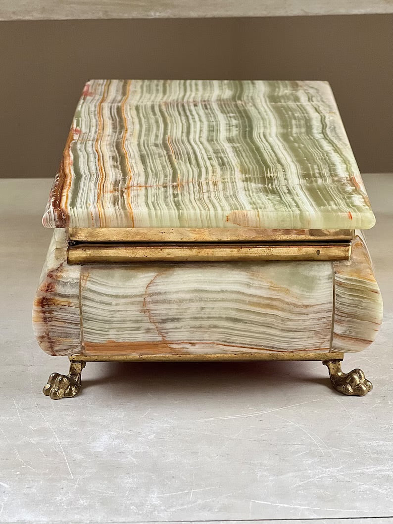 Vintage Green Onyx & Brass Jewelry Box with Red Velvet Liner and Claw Foot Detail