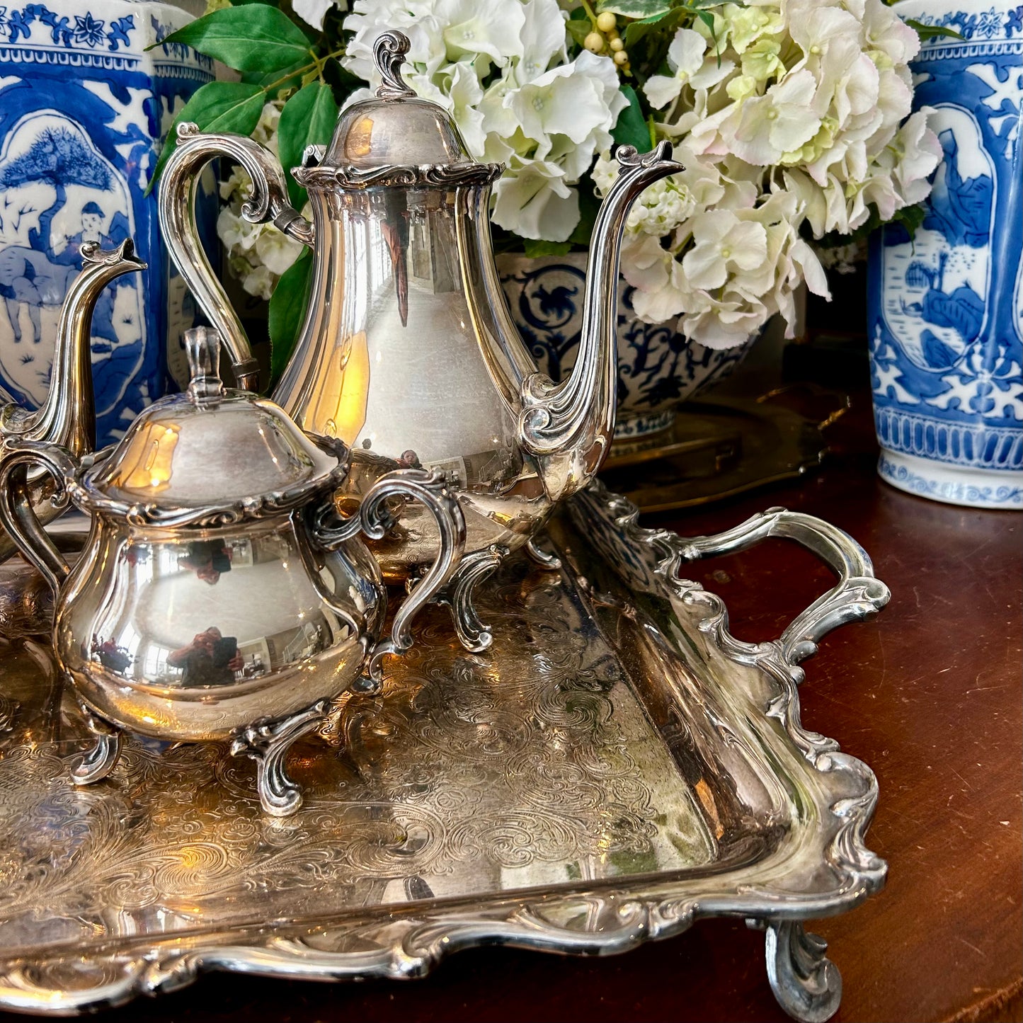 Absolutely stunning 5 piece silver plate stamped heirloom serving set by International Silver Company