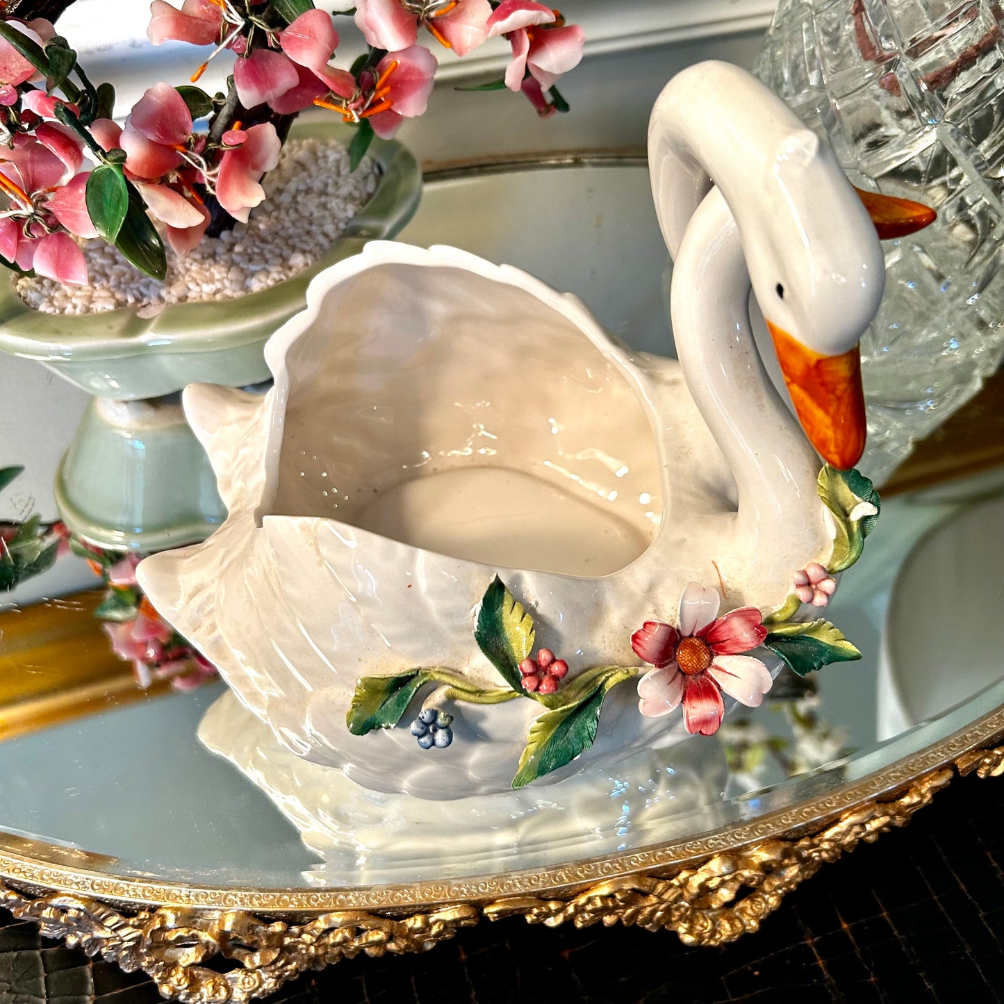 Stunning Italian Swan floral loving pair Italian planter decor