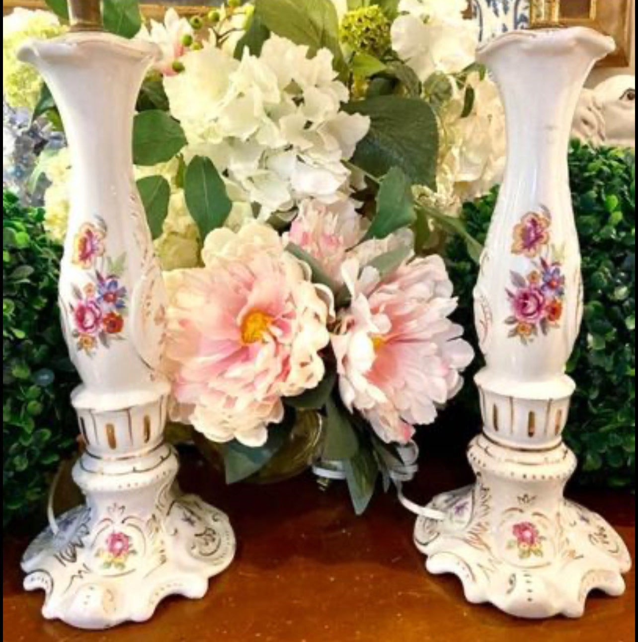 Delightful Pair Vintage floral botanical Porcelain Lamps