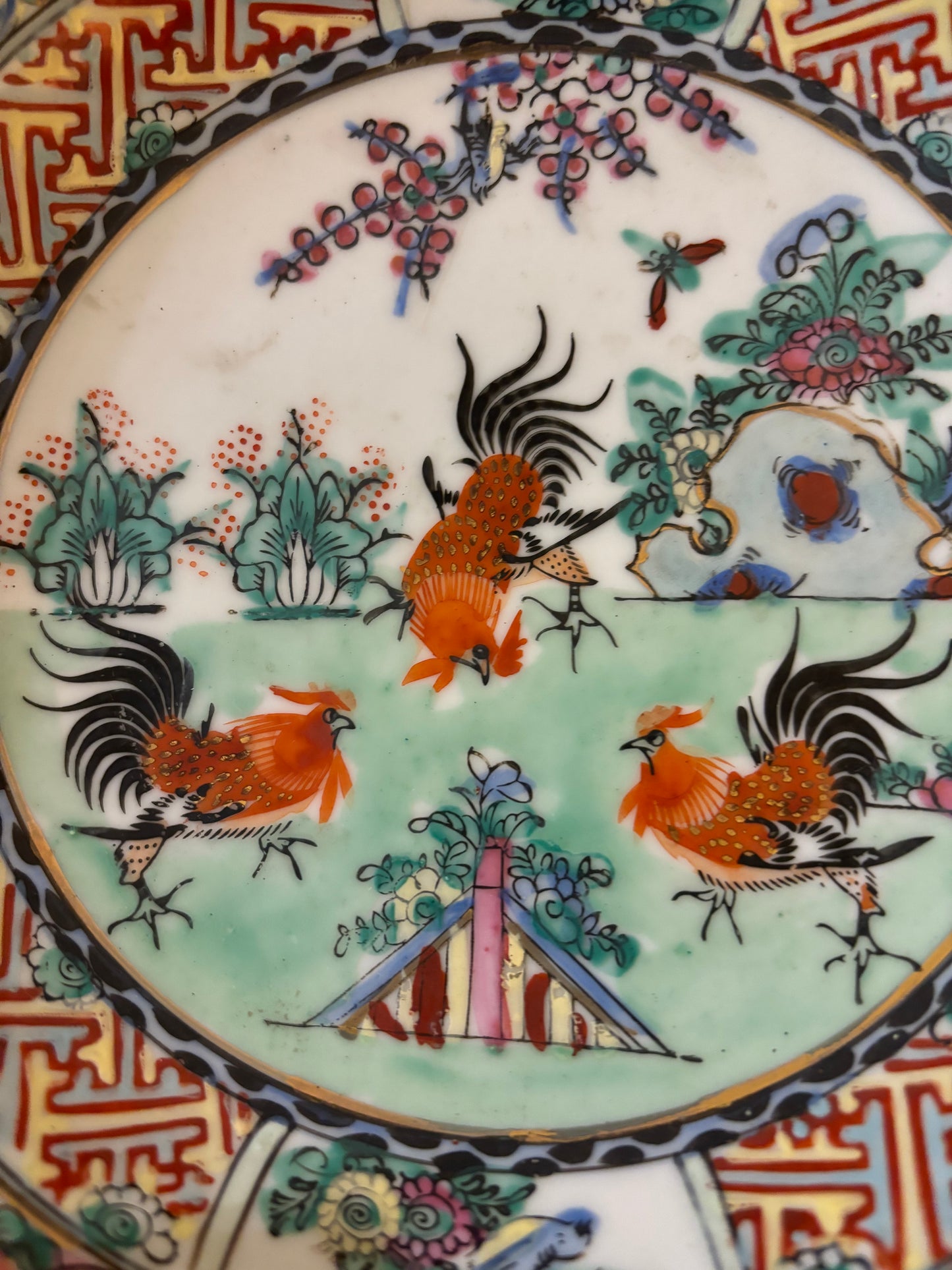 Handpainted Rose Canton Plate featuring beautiful details and roosters!