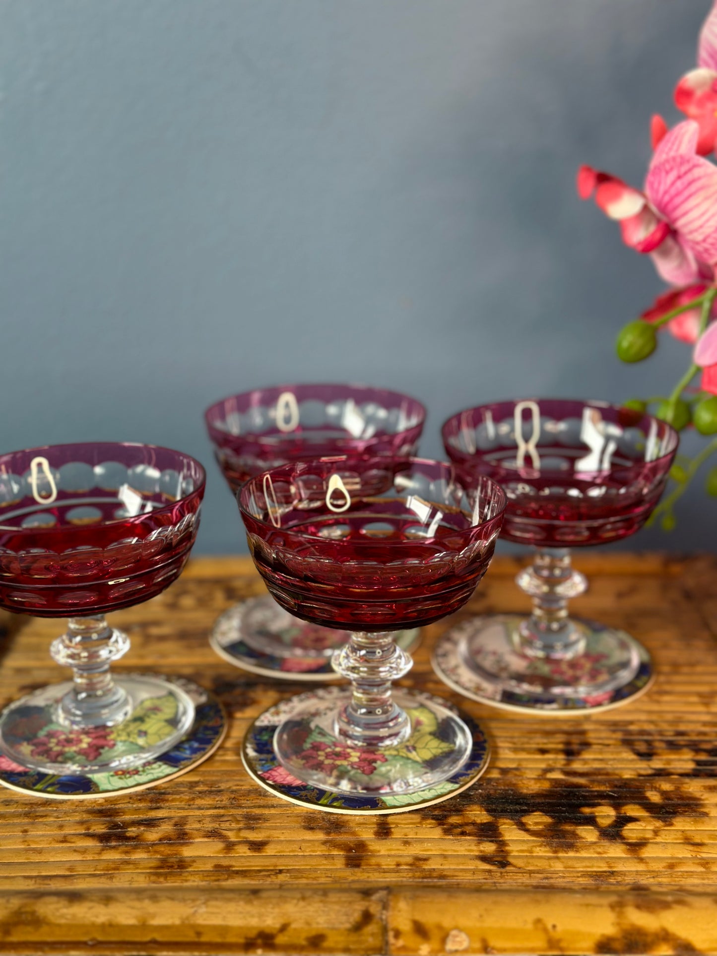 VAL ST. LAMBERT Set 10 "BLARNEY" CRANBERRY CUT-TO-CLEAR CRYSTAL PEDESTAL SHERBET