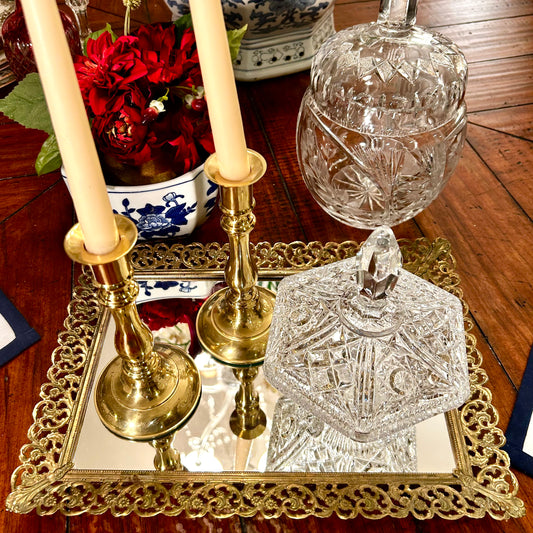 Gorgeous vintage brass chippendale footed  brass mirrored tray