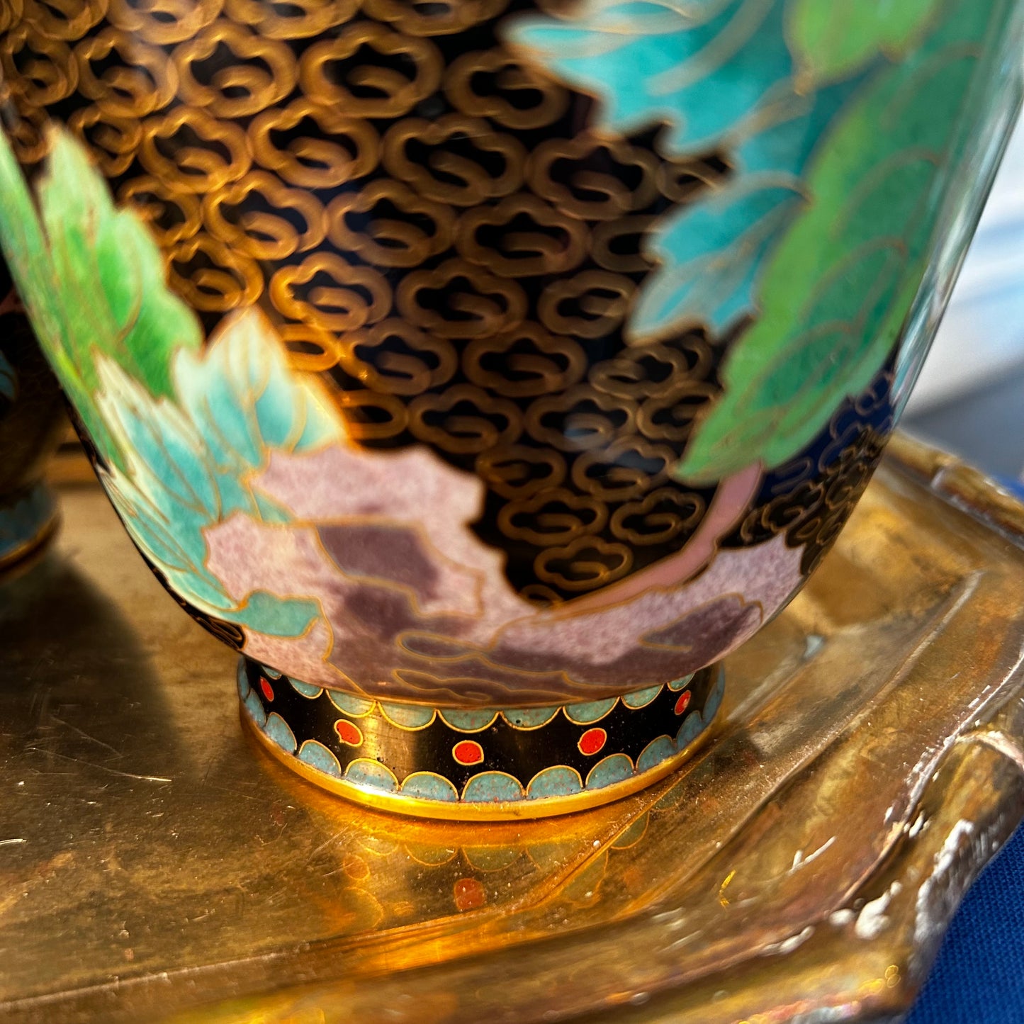 Perfect Pair of vintage brass cloisonné floral  vases.