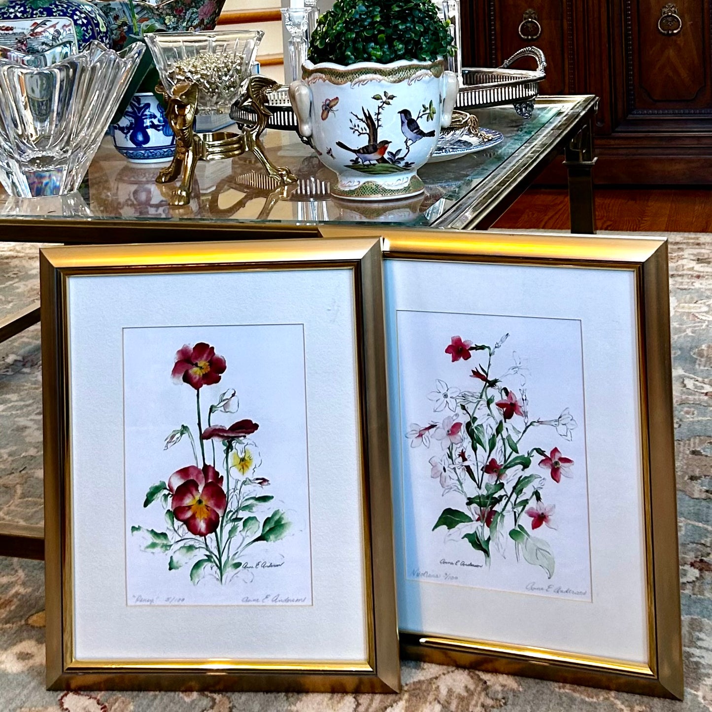 Lovely pair of vintage signed by artist proof lithograph botanical wall art.