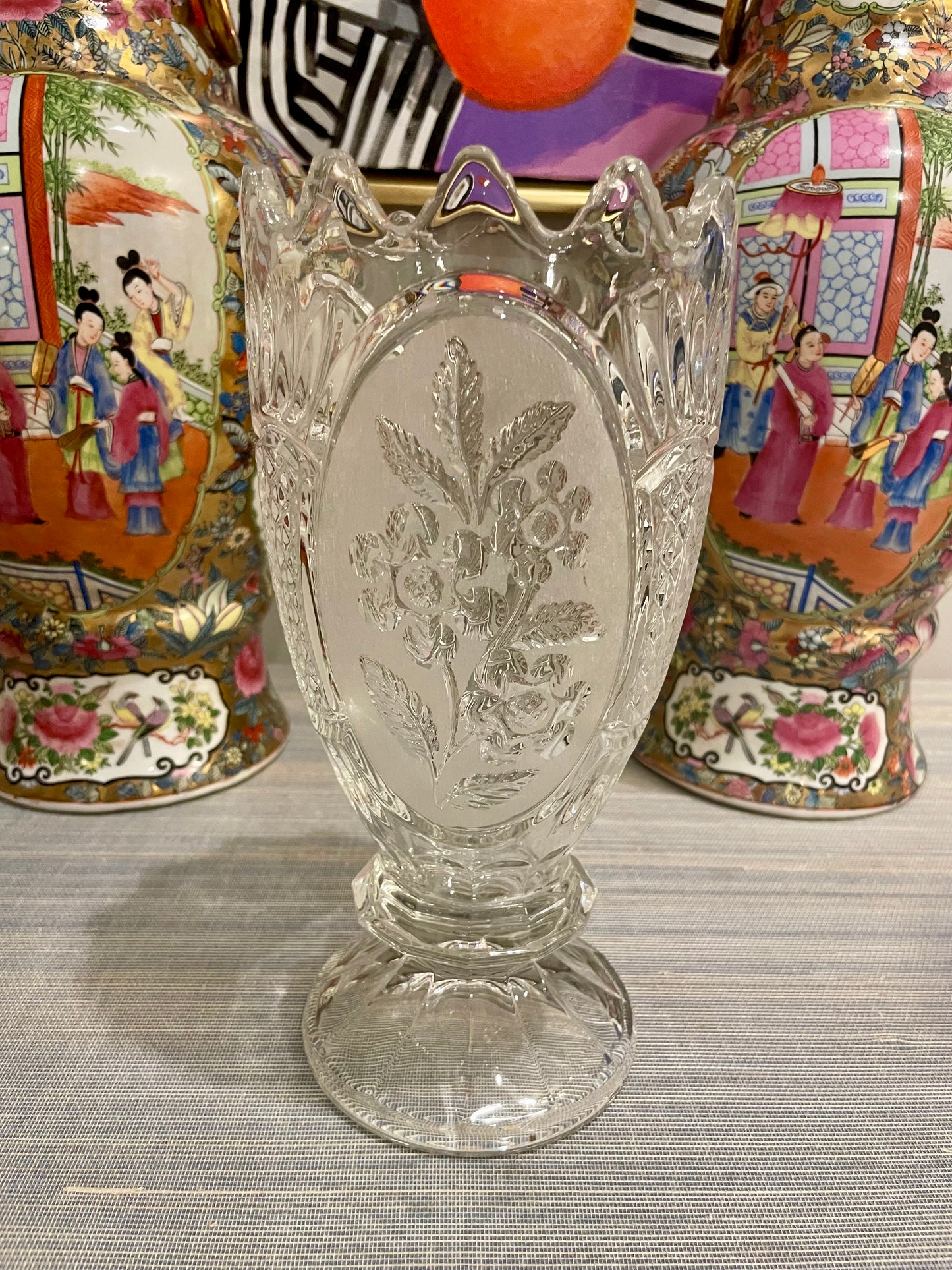 Vintage 10” Etched Floral Lead Crystal Footed Vase