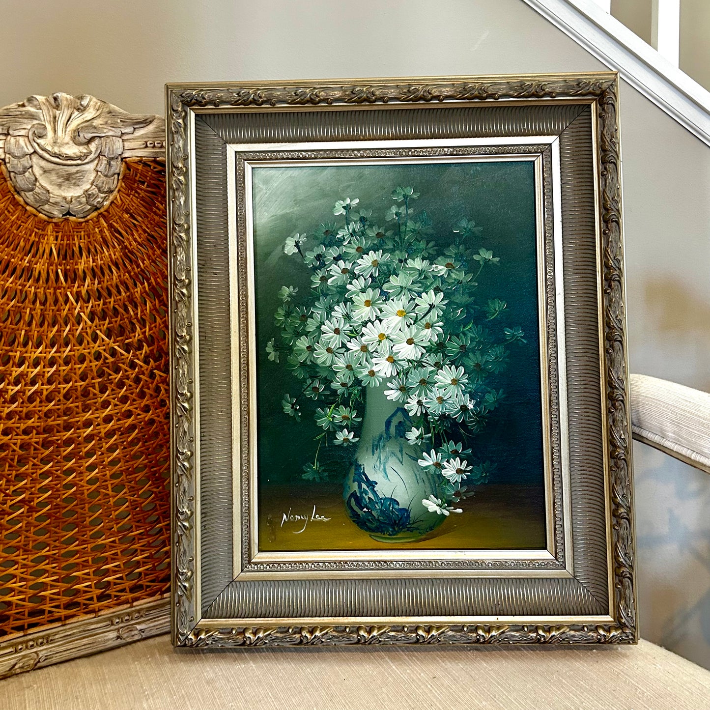 Signed original floral still life oil painting wall art in blue & white chinoiserie vase.