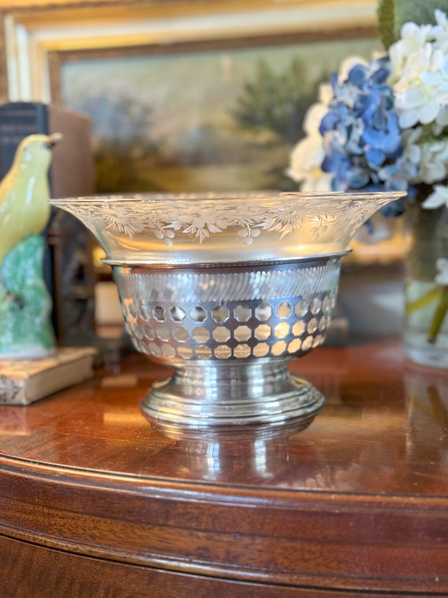 19th c. Sterling Reticulated Bowl with Antique Floral Etched Glass Insert