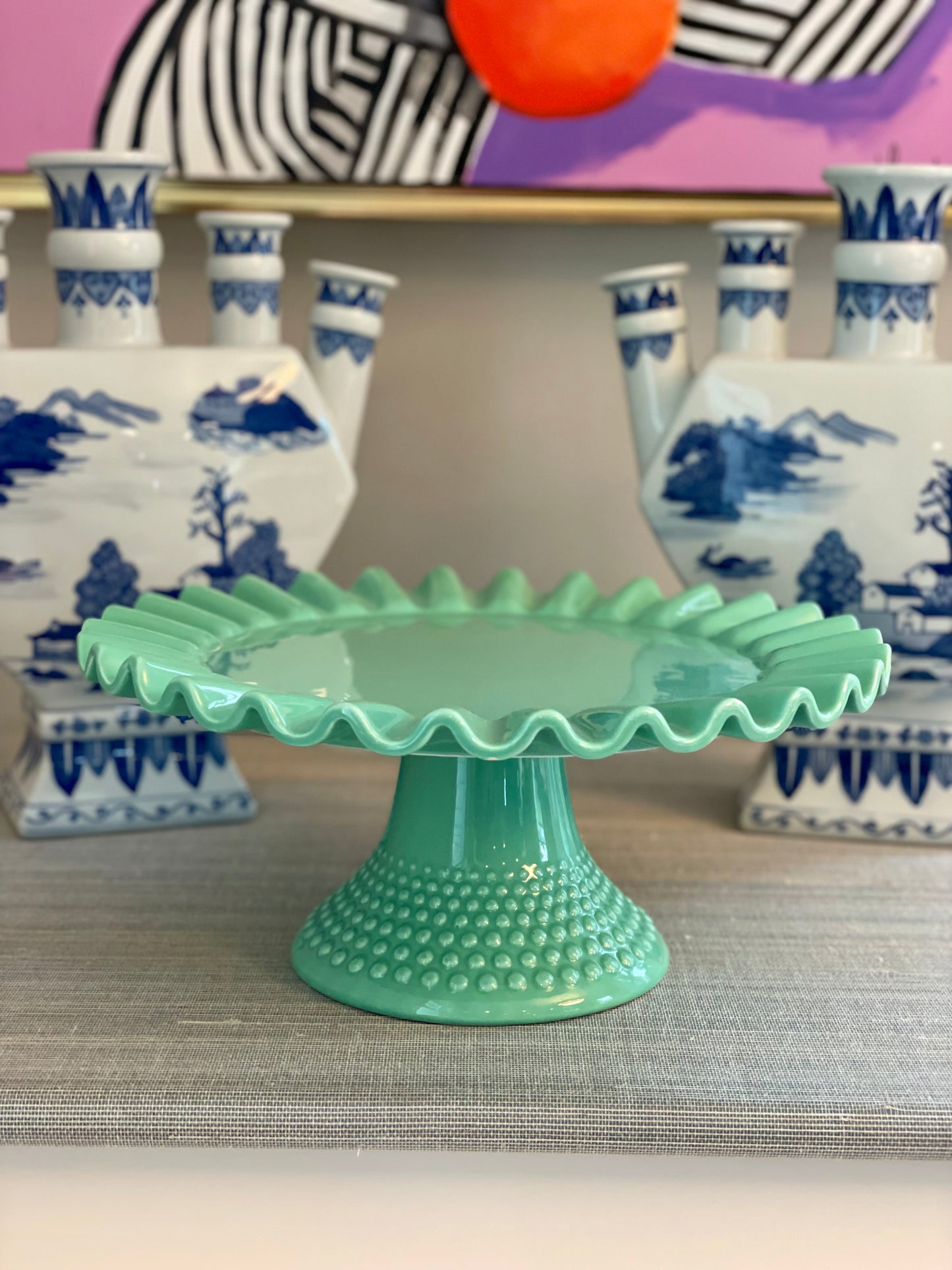 Vintage Aqua Green Ruffled Cake Plate with Hobnail Base - As Is