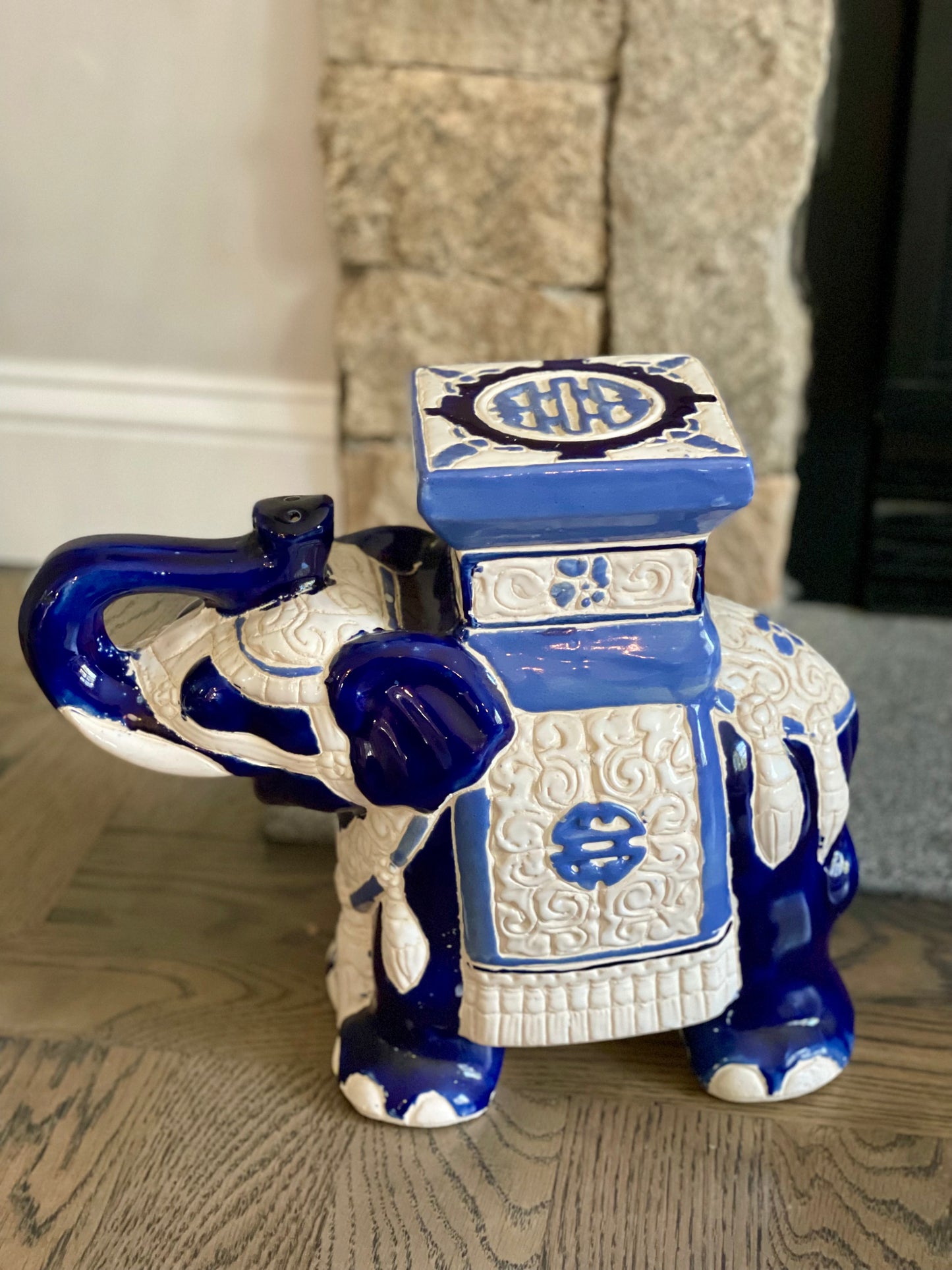 Vintage Blue & White Chinoiserie 13” Ceramic Elephant Plant Stand