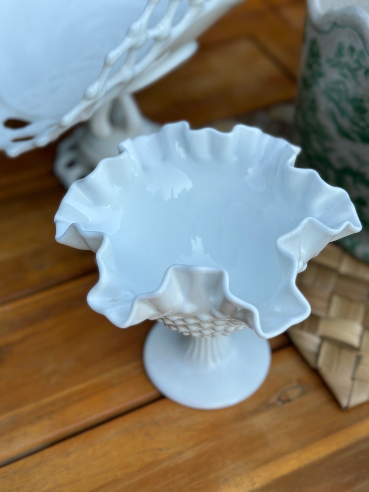 Vintage Fenton Hobnail Ruffle Glass Pedestal Dish, 6" Tall - Pristine!