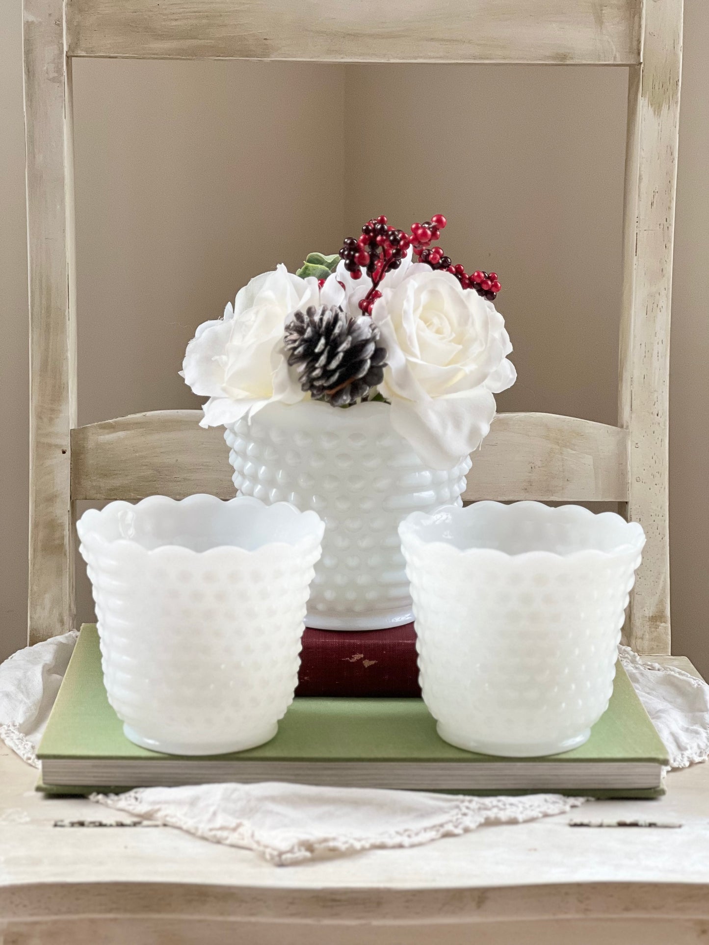 Set (3) Vintage Milk Glass Planters with Hobnail Design & Scalloped Edges