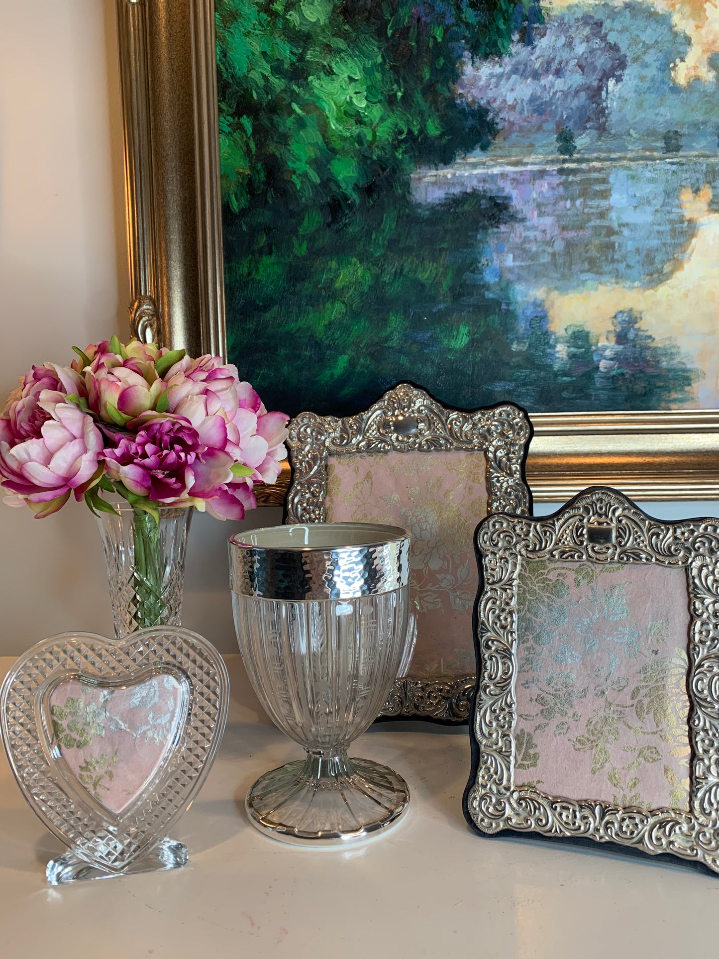 Hand Engraved Crystal vase with Sterling Mounted Rim and Base