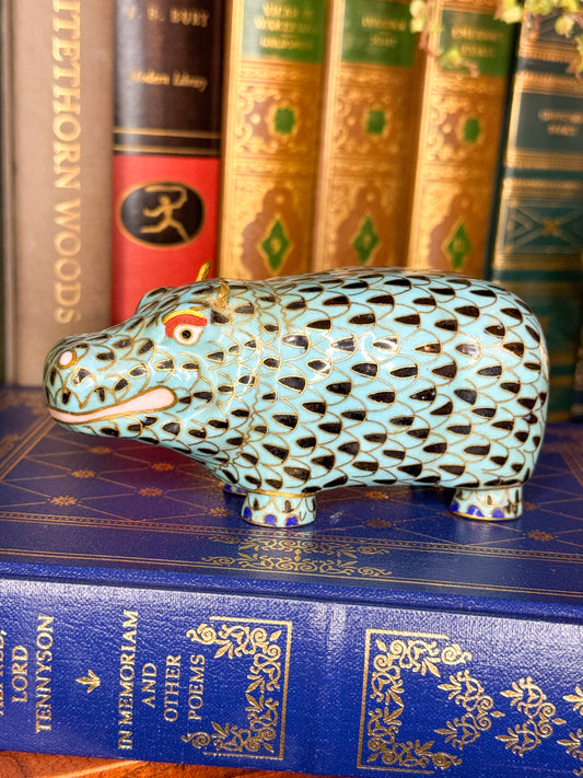 Charming Vintage Cloisonné Hippo with Beautiful Fish Scale Design