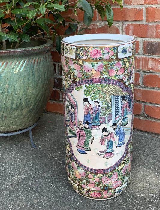 Gorgeous vintage chinoiserie Famille Rose Umbrella Stand! 18 1/2” tall, 8 1/2”