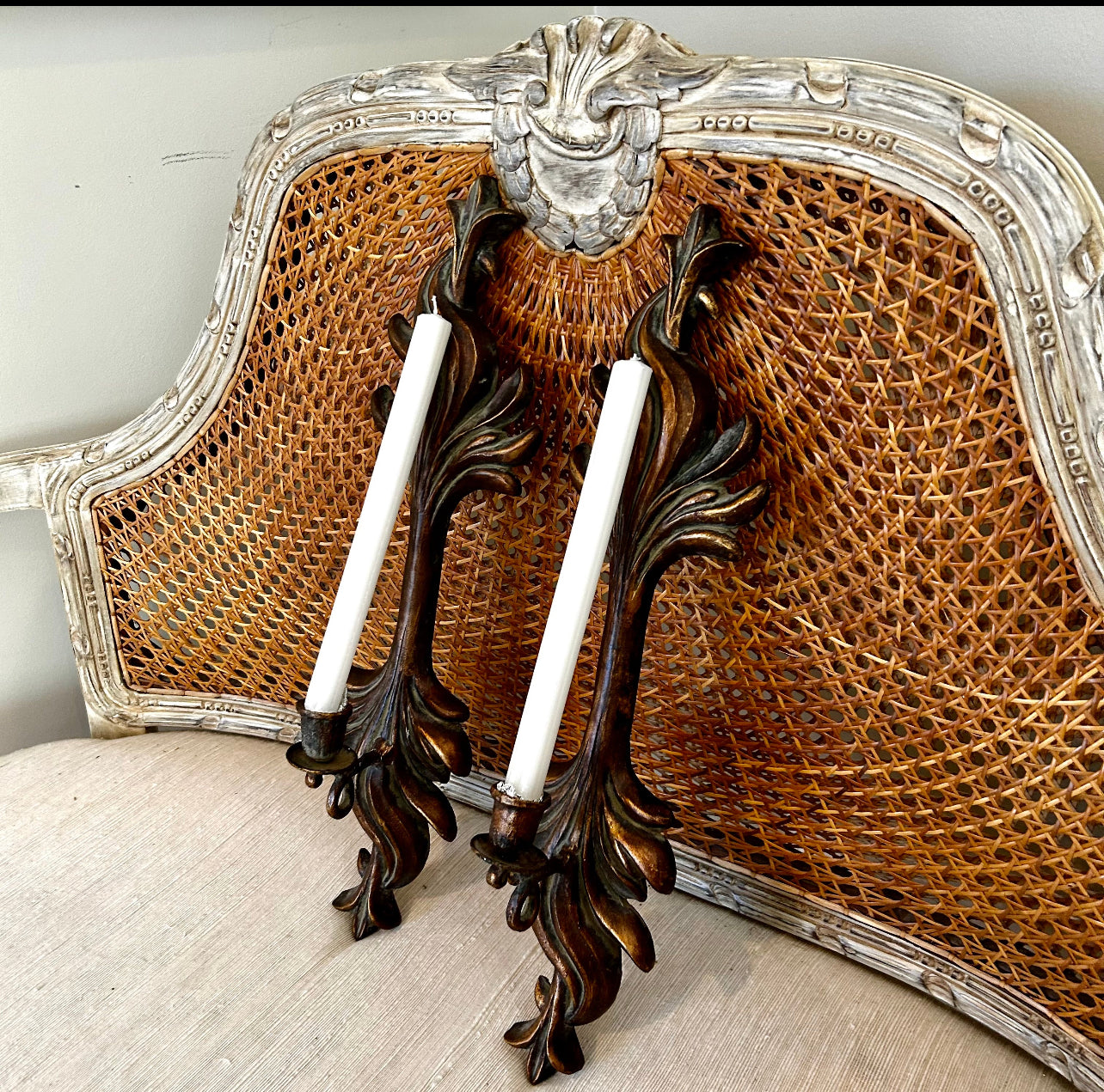 Vintage Statuesque Hollywood regency Carved Wood Baroque Flame wall Sconces.