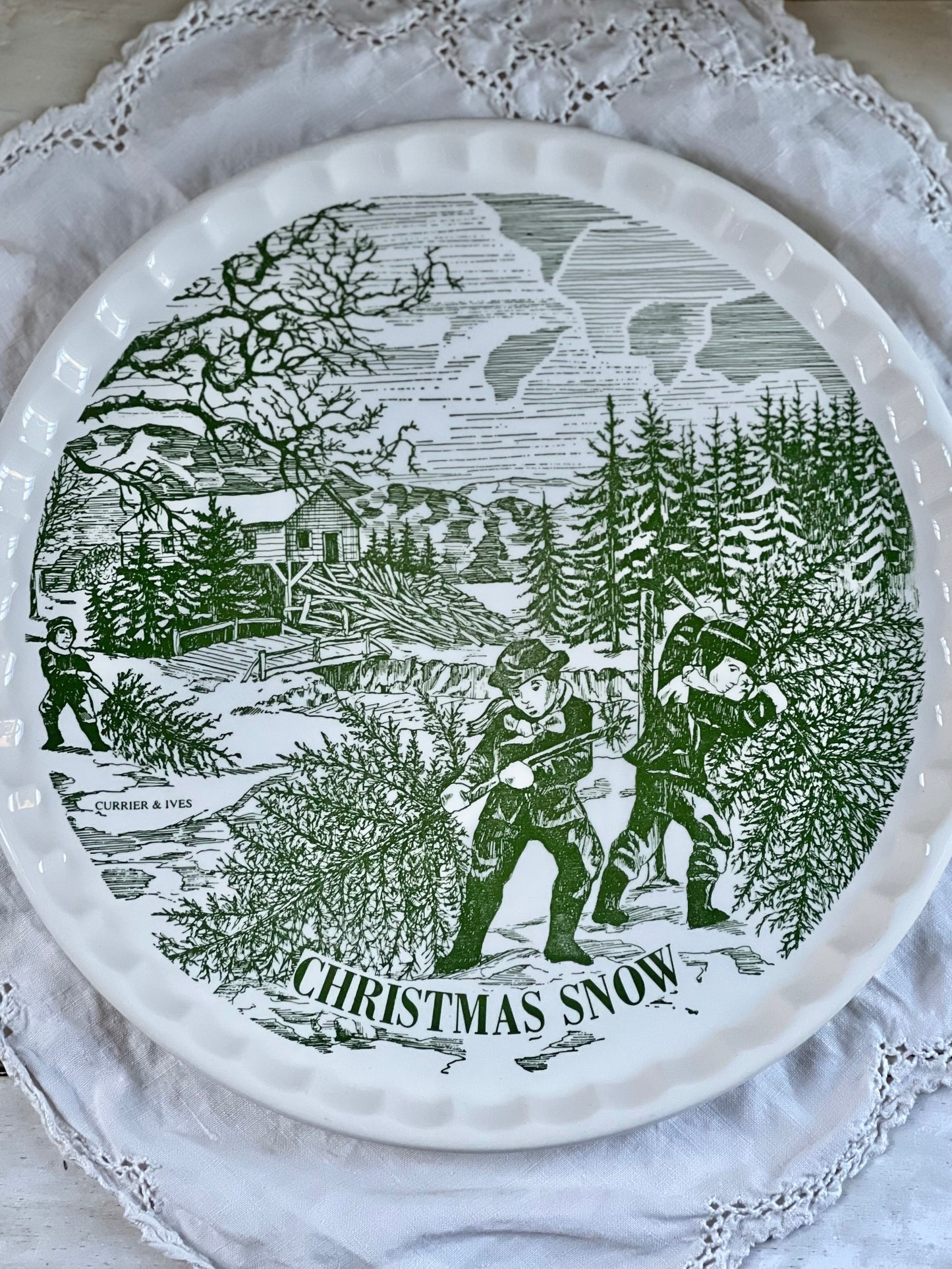 Darling Vintage “Christmas Snow” Currier & Ives Serving Tray / Cookie Plate, 11.5”