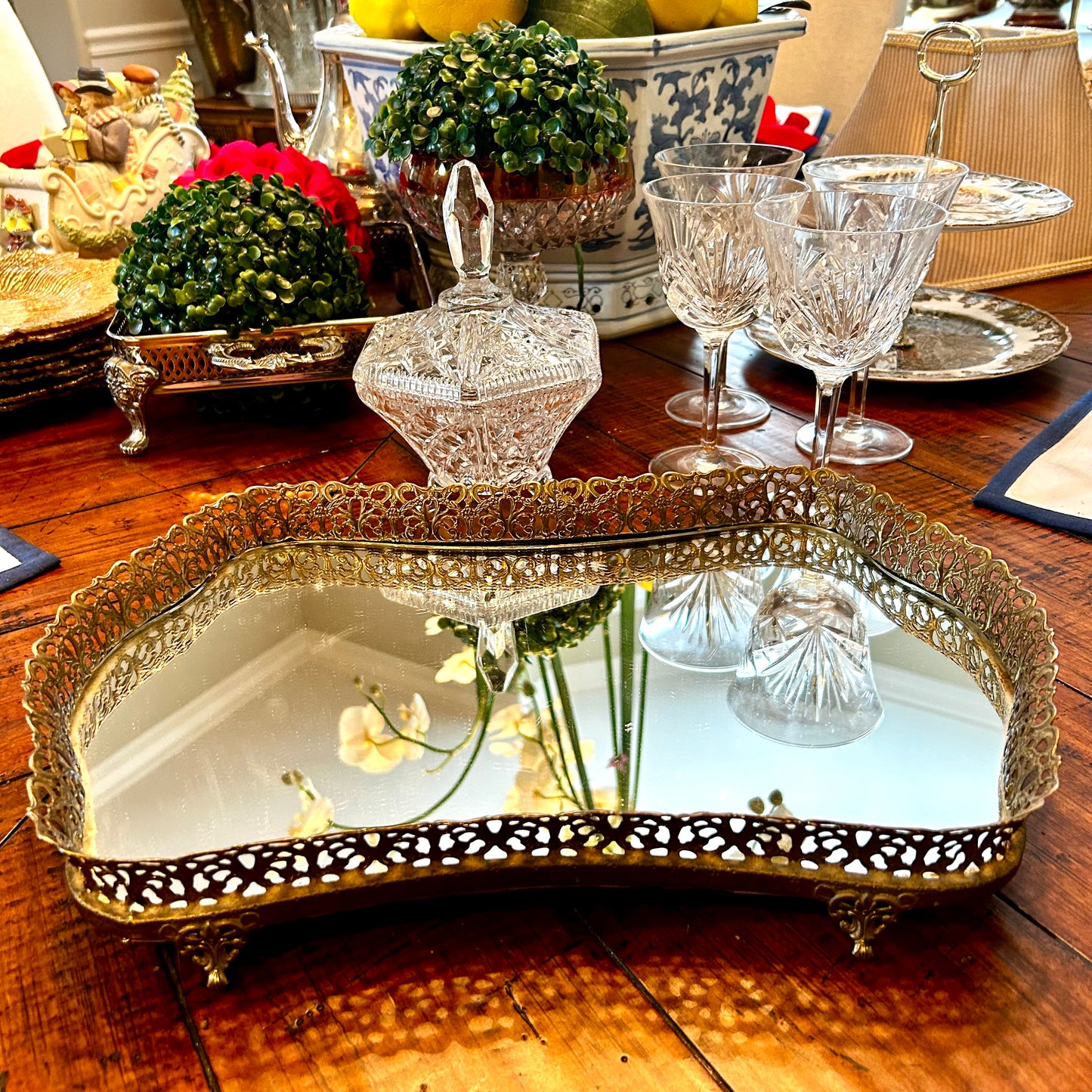 Gorgeous vintage brass claw leg reticulated brass mirrored tray