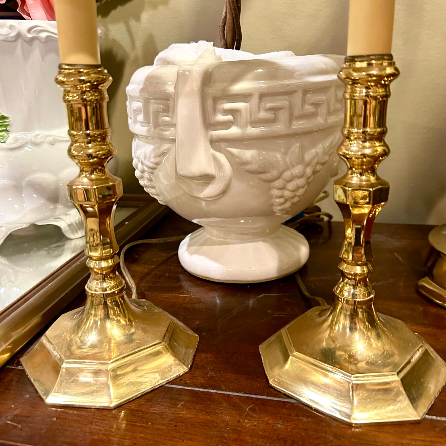 Pair of designer Lamp Crafters of CT brass candlestick vanity lamps with shades