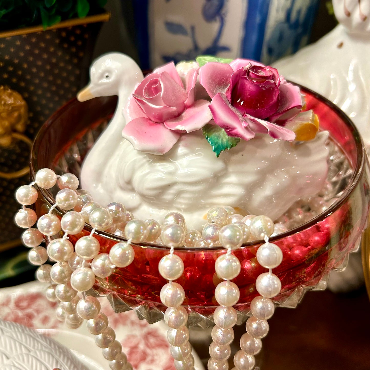 Beautiful cranberry red etched pedestal dish