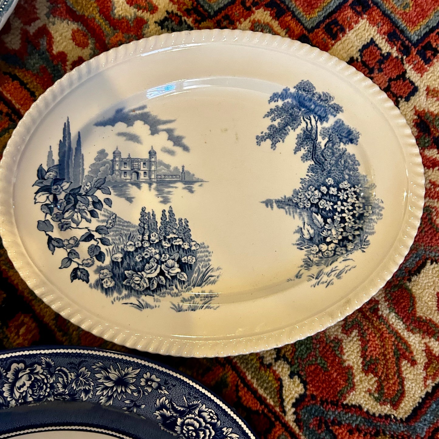 Set of 6 blue & white English oval platters plates