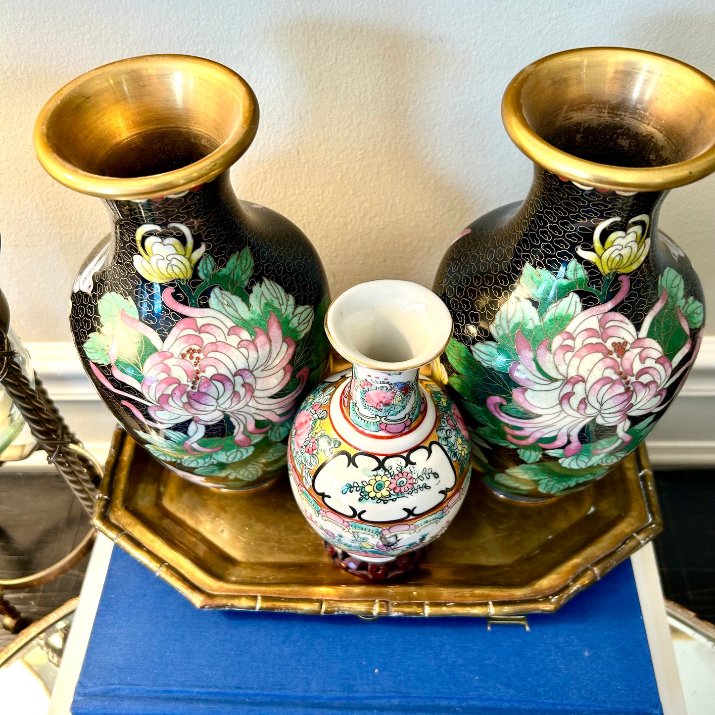 Statuesque Pair of vintage brass & enamel cloisonné ebony vases 9.25 hi