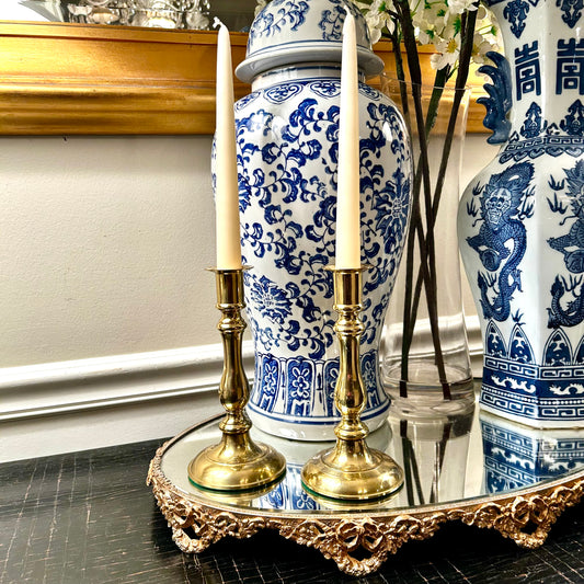 Pair of shiny brass 7 in vintage candlestick holders