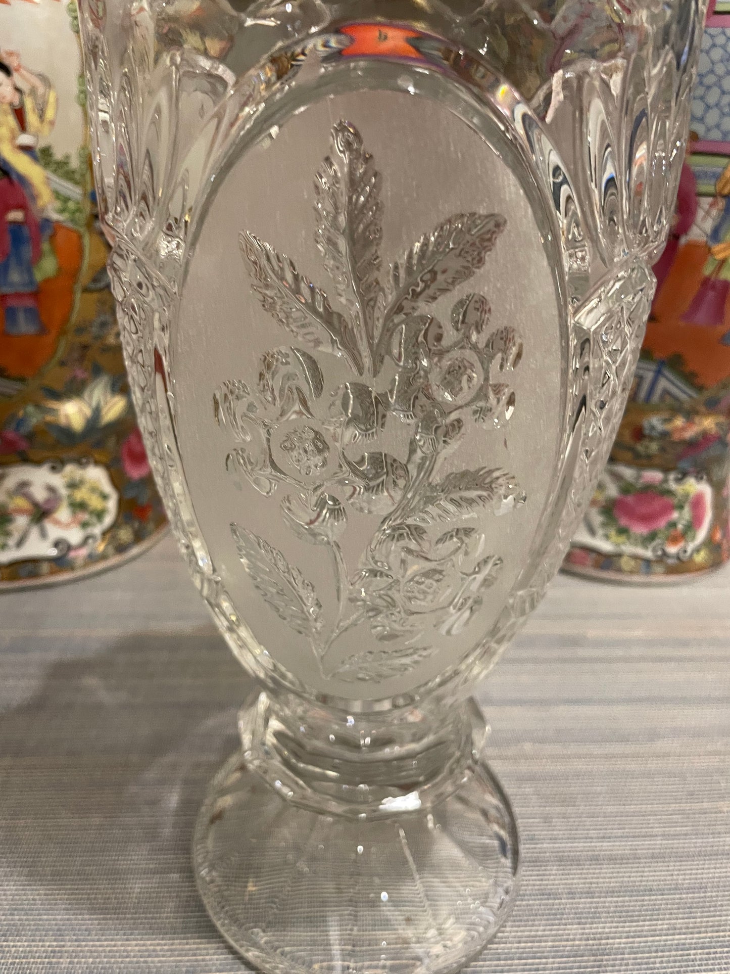 Vintage 10” Etched Floral Lead Crystal Footed Vase