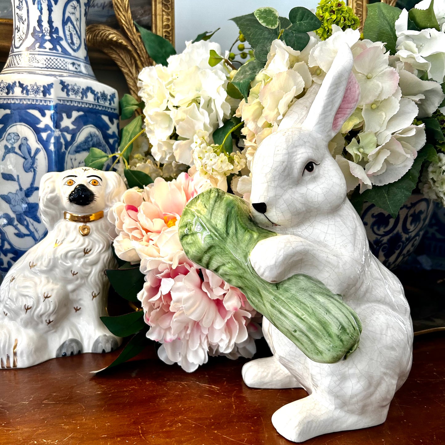 Handsome majolica inspired bunny rabbit standing 12 in tall