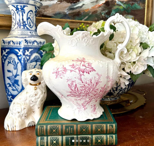 Massive pink & white willow style pitcher with scroll handle vase