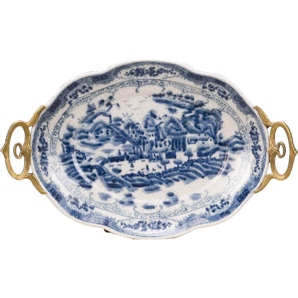 Blue and White Pagoda, Bronze detailed platter - 13L X 8W X 1.5H