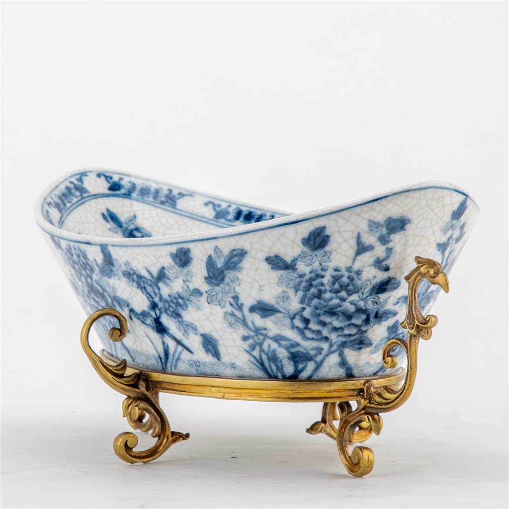 [14.5Lx8W Porcelain Blue And White Floral w/ Bird Pattern Oval Basin