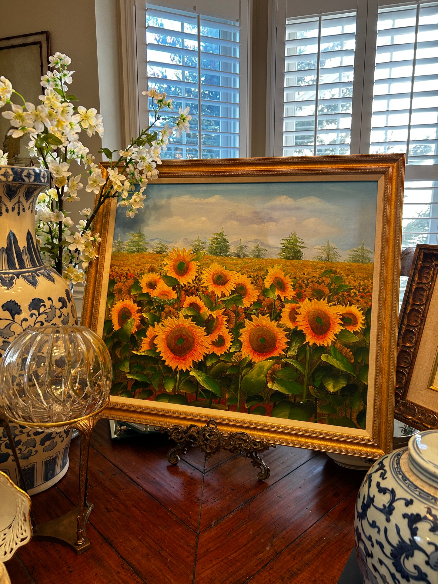 Vivid vintage original Sunflower oil painting signed by artist.