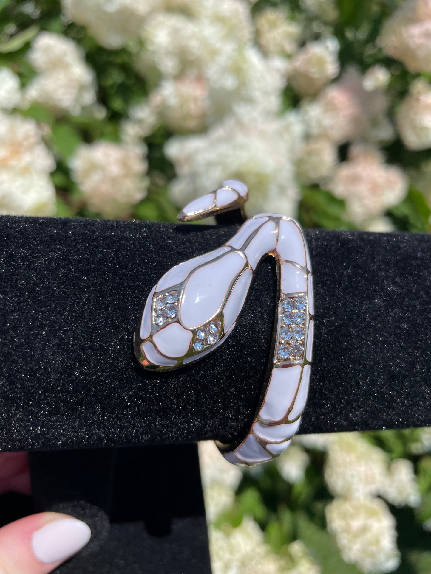 Vintage Signed Kenneth Jay Lane White Enamel Snake Hinged Bangle Bracelet with Austrian Crystals