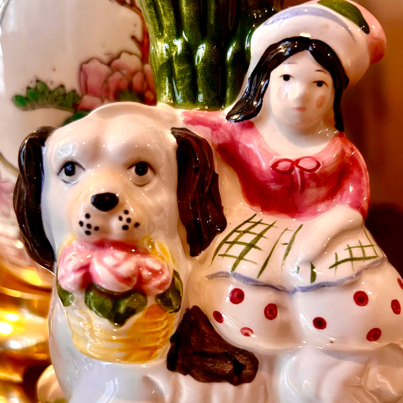 Set of two delightful young lady and gentleman with their Staffordshire dogs pups candle holders