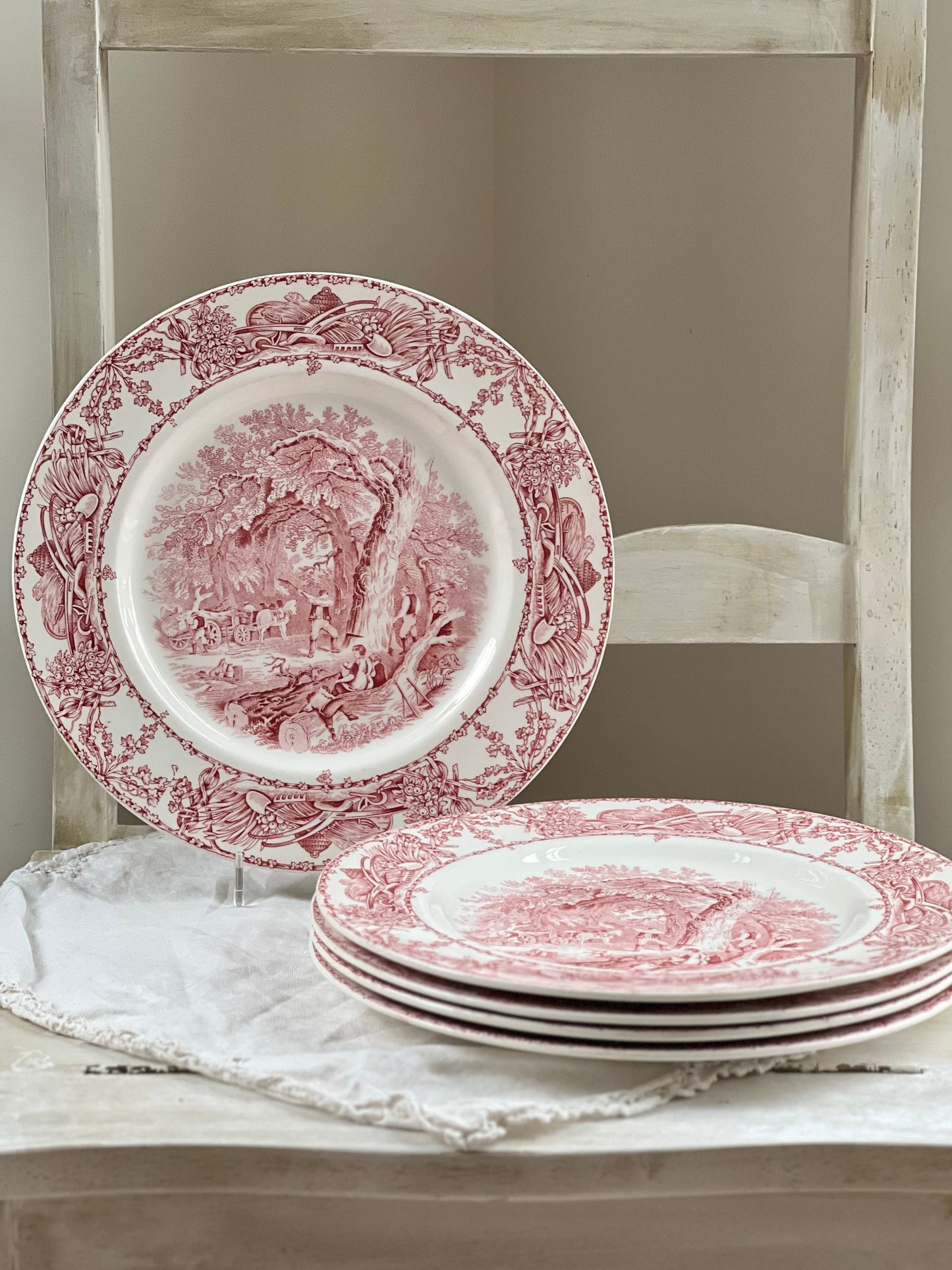 Vintage Set (5) Pastoral Davenport Red / Pink Transferware Dinner Plates